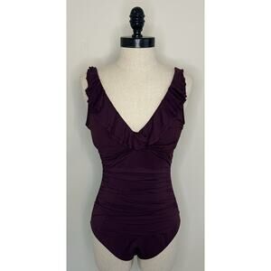 LAUREN RALPH LAUREN Plum Ruffled Underwire One Piece Solid Swimsuit Womens 6